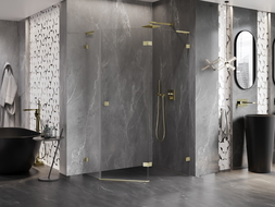 Mexen Lunar L pětiúhelníková sprchová kabina pravá 100 x 90 cm, transparentní, zlatá kartáčovaná - 831L-100P-090L-55-00-P