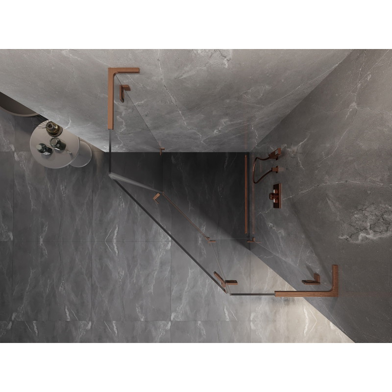 Mexen Lunar L pentagonální sprchový kout s výklopnými dveřmi pravý 80 x 80 cm, transparentní, kartáčovaná měď