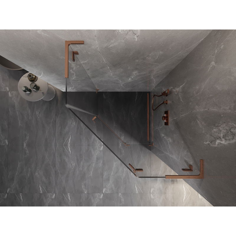 Mexen Lunar L pětiúhelníková sprchová kabina pravá 80 x 80 cm, transparentní, broušená měď - 831L-080P-080L-65-00-P