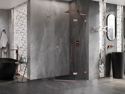 Mexen Lunar L Sprchový kout pětiúhelníkový otevíratelný pravý 100x100 cm, transparentní, kartáčovaná měď