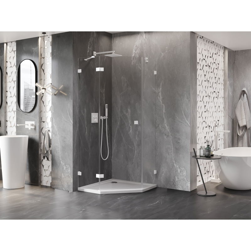 Mexen Lunar pětiúhelníková sprchová kabina sklopná levá 90 x 90 cm, transparentní, bílá - 831-090L-090P-20-00-L