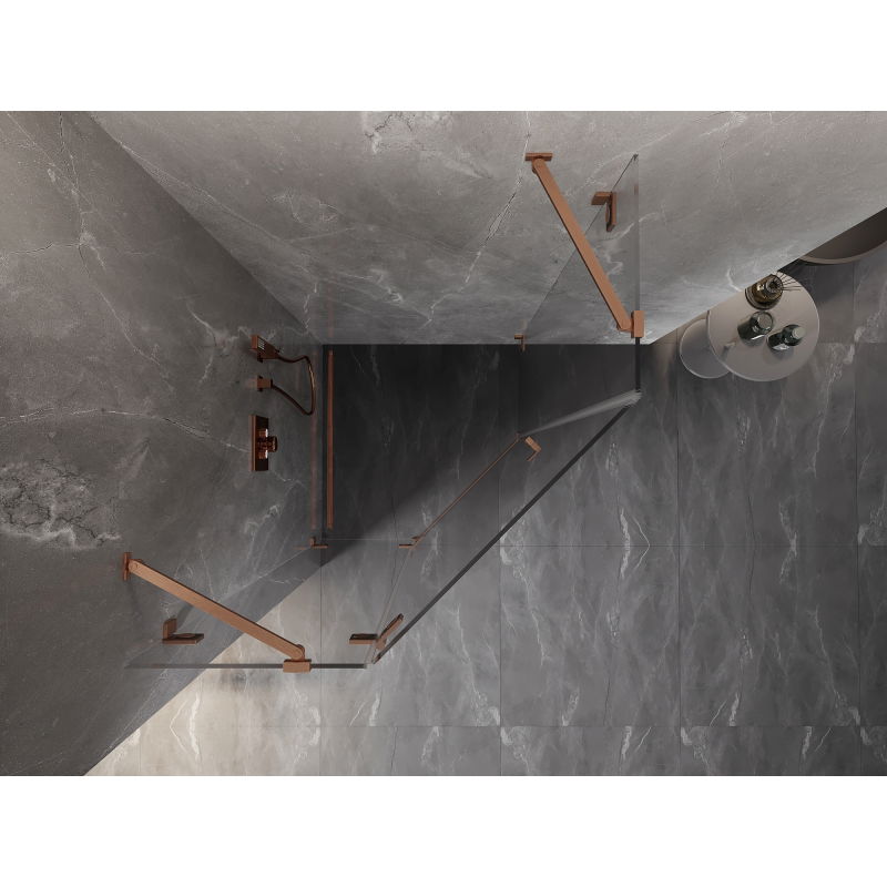 Mexen Lunar Sprchový kout pětiúhelníkový, výklopný vlevo 90 x 90 cm, transparentní, kartáčovaná měď