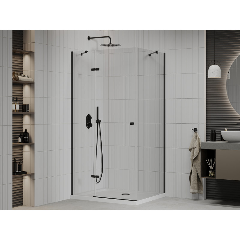 Mexen Roma sprchový kout otevírací 80 x 100 cm, transparentní, černý + vanička Flat, bílá - 854-080-100-70-00-4010B