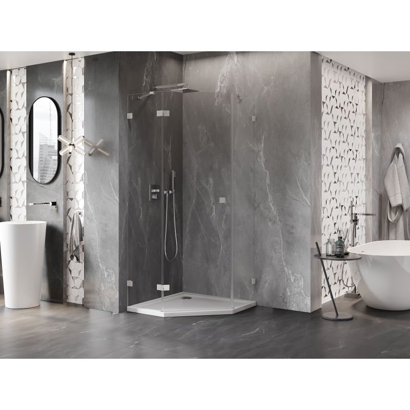 Mexen Lunar pětiúhelníková sprchová kabina, otevírací levá 100 x 100 cm, průhledná, kartáčovaný nikl - 831-100L-100P-97-00-L