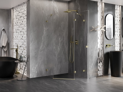 Mexen Lunar pětiúhelníková sprchová kabina pravá 100 x 100 cm, transparentní, zlatá kartáčovaná - 831-100P-100L-55-00-P