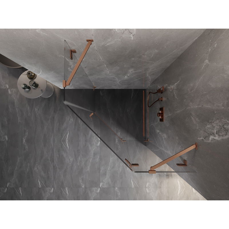 Mexen Lunar pětiboká sprchová kabina otevíratelná pravá 90 x 90 cm, transparentní, kartáčovaná měď