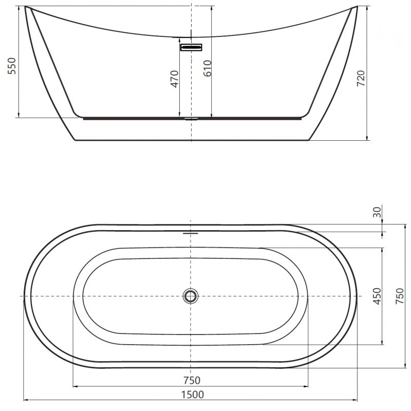 Mexen Lotos volně stojící vana 150 x 75 cm, bílá/černá, přepad zlatý kartáčovaný - 52051507775-55