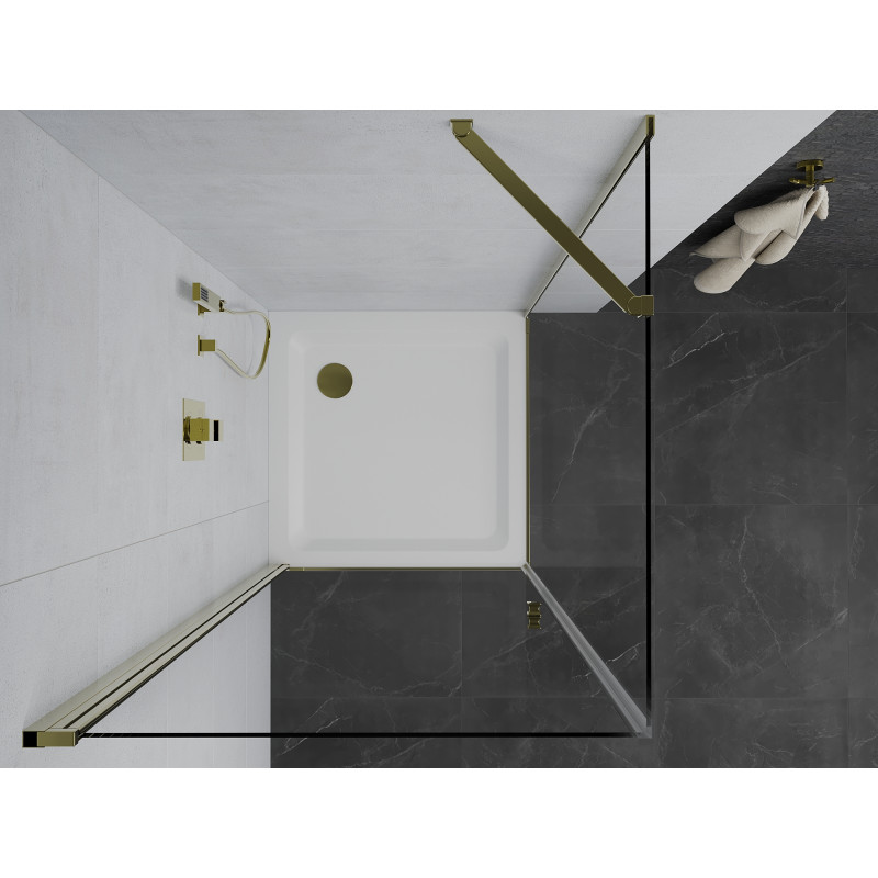 Mexen Pretoria sprchový kout otevírací 90 x 90 cm, transparentní, zlatý + vanička Flat - 852-090-090-50-00-4010