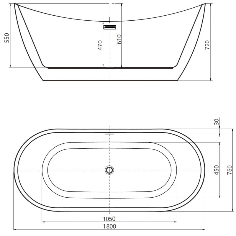Mexen Lotos volně stojící vana 180 x 75 cm, bílá/černá, přepad gun gray kartáčovaný - 52051807775-66