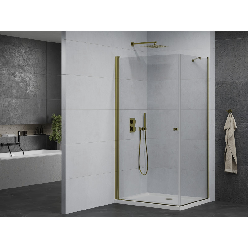 Mexen Pretoria sprchová kabina otevírací 70 x 90 cm, průhledná, zlatá + vanička Flat - 852-070-090-50-00-4010