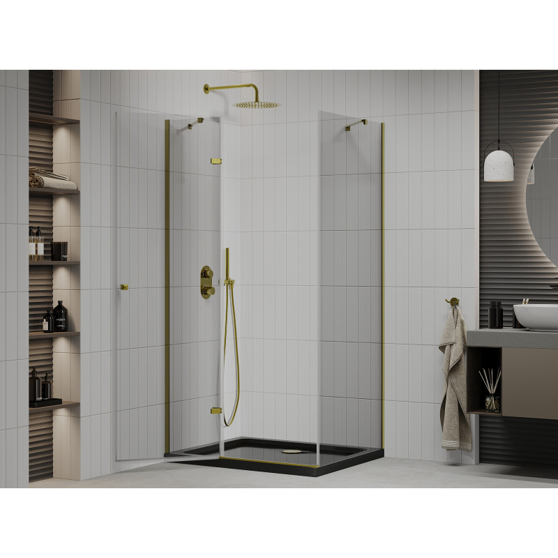 Mexen Roma sprchový kout výklopný 100 x 80 cm, transparentní, zlatý + vanička Flat, černá - 854-100-080-50-00-4070G