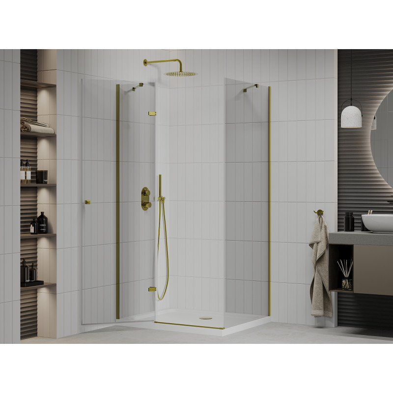Mexen Roma sprchový kout s otevíracími dveřmi 70 x 80 cm, transparentní, zlatý + Flat vanička - 854-070-080-50-00-4010