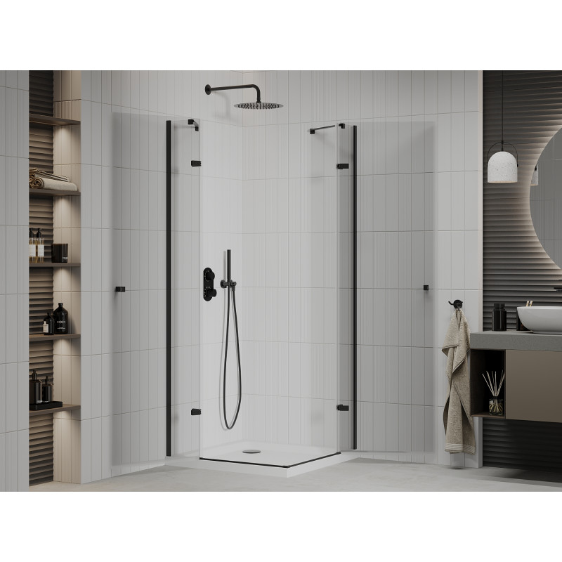 Mexen Roma Duo sprchová kabina otevíratelná 70 x 70 cm, transparentní, černá + brodík Flat - 854-070-070-70-02-4010B