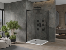 Mexen Omega posuvná sprchová kabina 100 x 100 cm, transparentní, černá + Flat sprchová vanička, bílá - 825-100-100-70-00-4010B