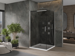 Mexen Omega posuvná sprchová kabina 100 x 100 cm, grafit, chrom + sprchová vanička Flat, bílá - 825-100-100-01-40-4010