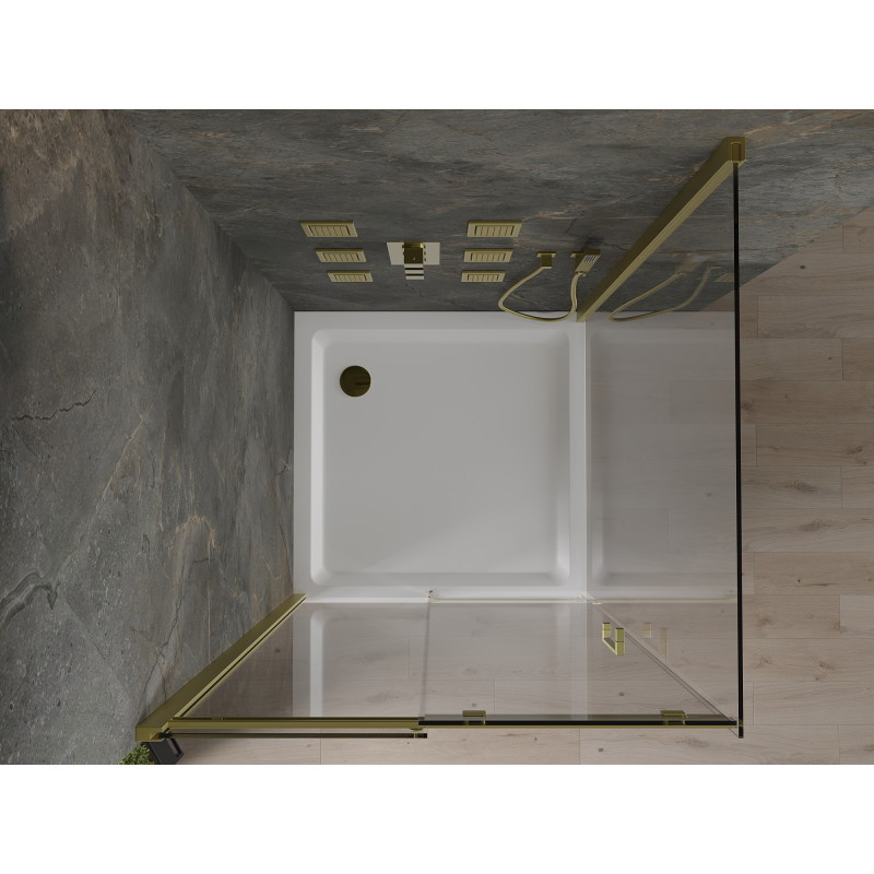 Mexen Omega sprchový kout posuvný 100 x 100 cm, průhledný, zlatý + vanička Flat - 825-100-100-50-00-4010