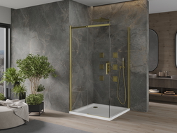 Mexen Omega sprchový kout posuvný 100 x 100 cm, průhledný, zlatý + vanička Flat - 825-100-100-50-00-4010