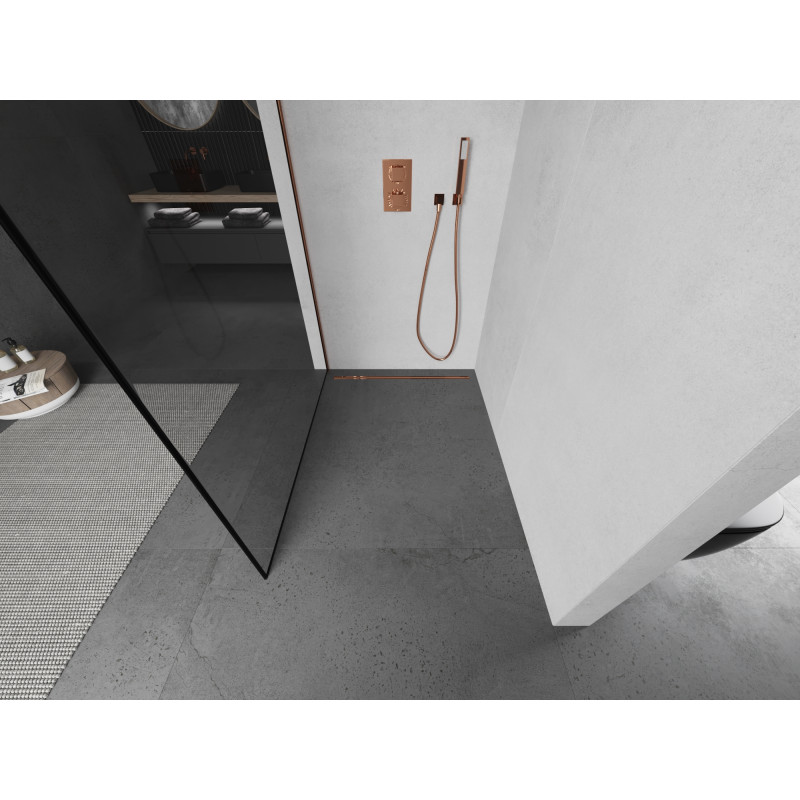 Mexen Kioto sprchová zástěna Walk-in 100 x 200 cm, černý rám 8 mm, růžové zlato - 800-100-101-60-70