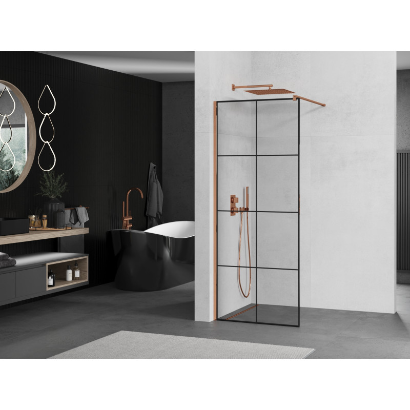 Mexen Kioto sprchová zástěna Walk-in 80 x 200 cm, černá mřížka 8 mm, růžové zlato - 800-080-101-60-77