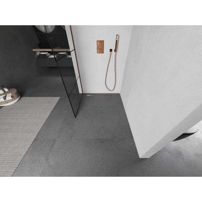 Mexen Kioto sprchová zástěna Walk-in 80 x 200 cm, černá mřížka 8 mm, růžové zlato - 800-080-101-60-77