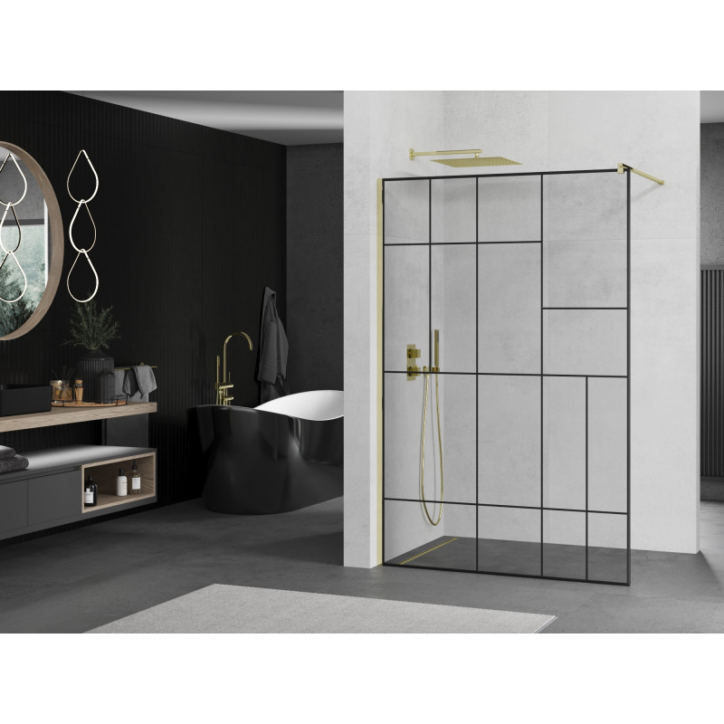 Mexen Kioto sprchová stěna Walk-in 110 x 200 cm, černý vzor 8 mm, zlatá - 800-110-101-50-78