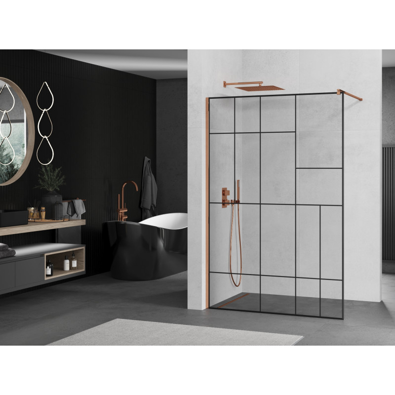 Mexen Kioto sprchová zástěna Walk-in 90 x 200 cm, černý vzor 8 mm, růžové zlato - 800-090-101-60-78