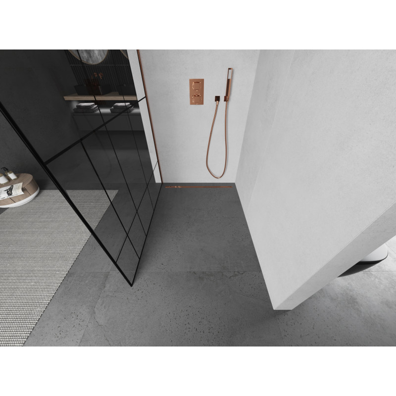 Mexen Kioto sprchová zástěna Walk-in 100 x 200 cm, černý vzor 8 mm, růžové zlato - 800-100-101-60-78