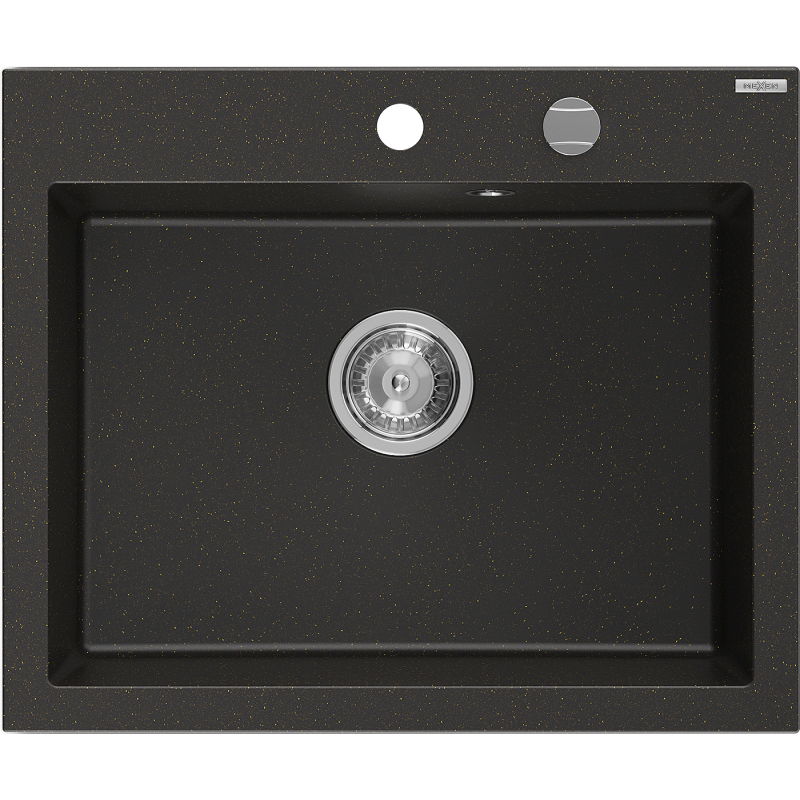 Mexen Elix granitový dřez s jednou komorou 600 x 500 mm, černý/zlatý metalický, sifon chrom - 6525601005-75