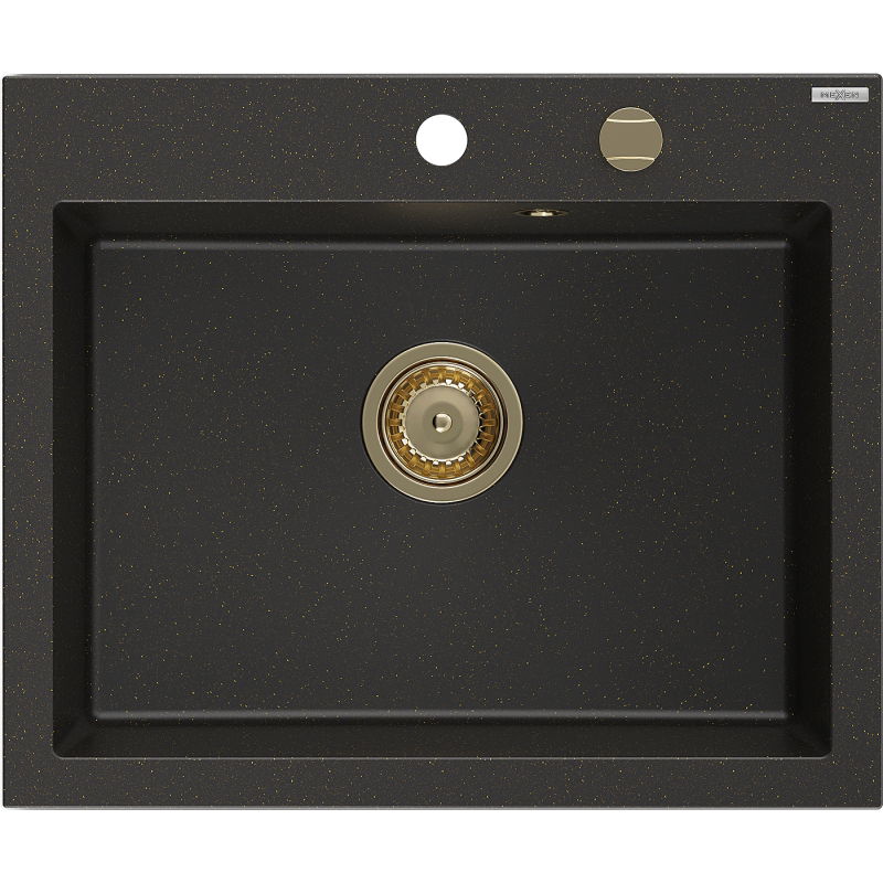 Mexen Elix granitový dřez 1-komorový 600 x 500 mm, černý/zlatý metalický, zlatý sifon - 6525601005-75-G