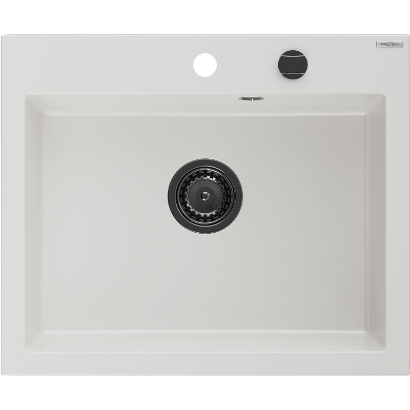 Mexen Elix granitový dřez, jednokomorový, 600 x 500 mm, bílý, černý sifon - 6525601005-20-B