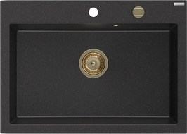 Mexen Elix granitový dřez 1-komorový 700 x 500 mm, černý/stříbrný metalický, sifon zlatý - 6526701005-73-G