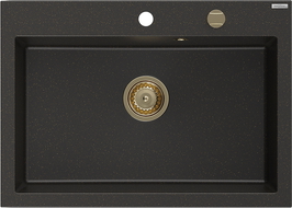 Mexen Elix granitový dřez 1-komorový 700 x 500 mm, černý/zlatý metalík, sifon zlatý - 6526701005-75-G