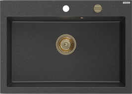 Mexen Elix granitový dřez 1-komorový 700 x 500 mm, černý tečkovaný, zlatý sifon - 6526701005-76-G