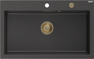 Mexen Elix jednodřezový kuchyňský dřez 800 x 500 mm, černý s tečkami, zlatý sifon - 6527801005-76-G