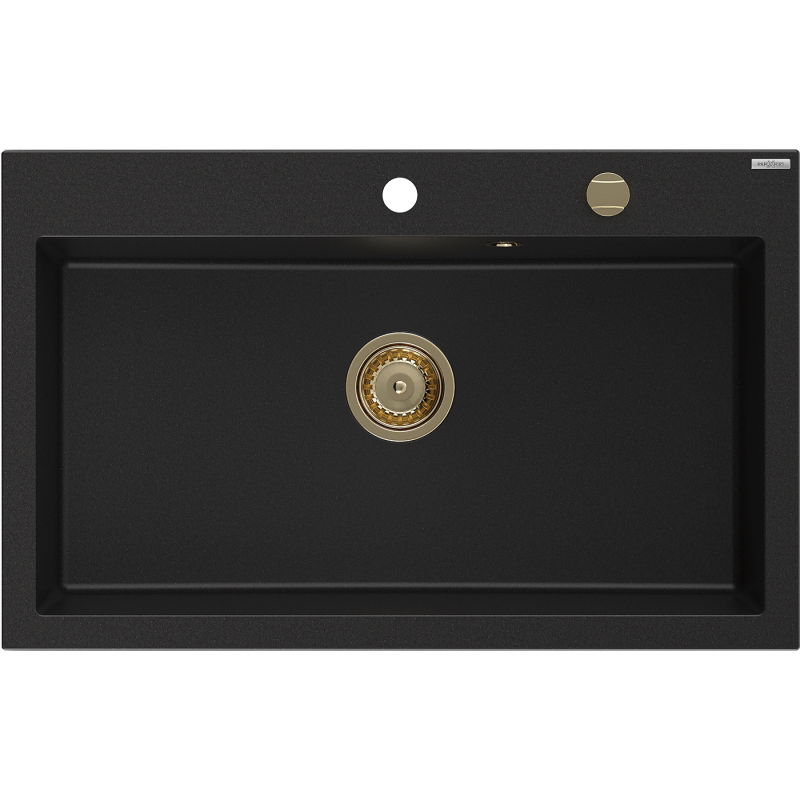 Mexen Elix granitový dřez 1-komorový 800 x 500 mm, černý, zlatý sifon - 6527801005-77-G