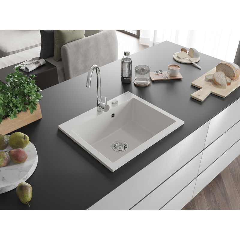 Mexen Elix granitový dřez 1-komorový 600 x 500 mm, bílý, sifon chrom - 6525601005-20