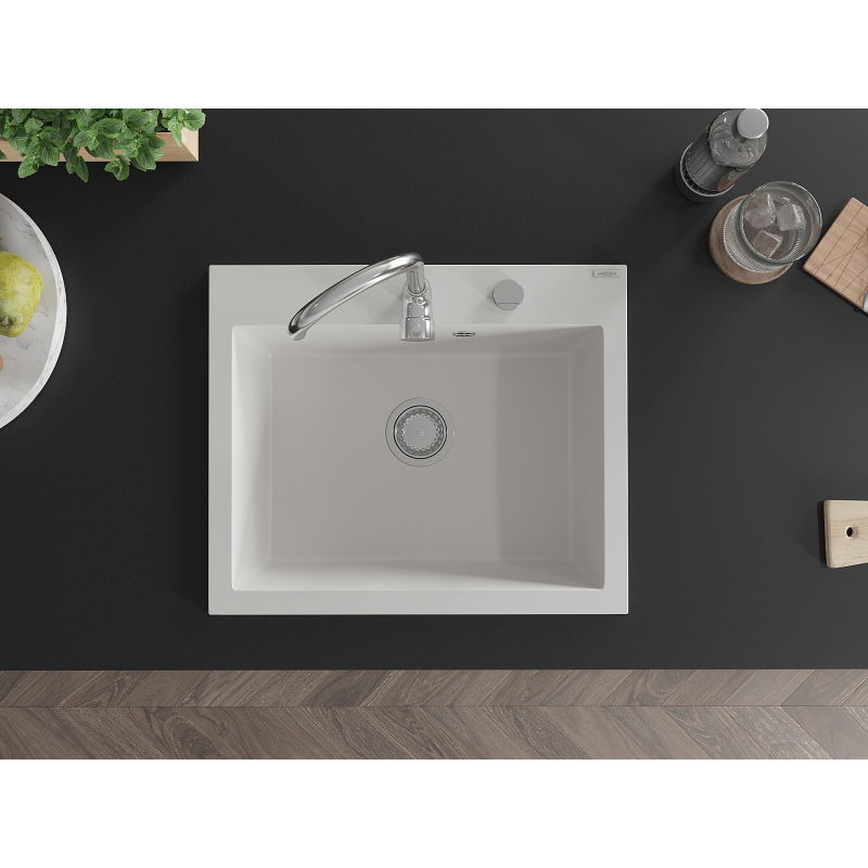 Mexen Elix granitový dřez 1-komorový 600 x 500 mm, bílý, sifon chrom - 6525601005-20