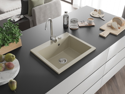 Mexen Elix granitový dřez 1-komorový 600 x 500 mm, béžový, sifon chrom - 6525601005-69