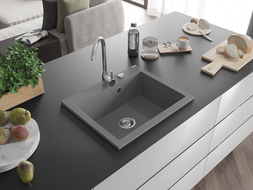 Mexen Elix granitový dřez 1-komorový 600 x 500 mm, šedý, sifon chrom - 6525601005-71