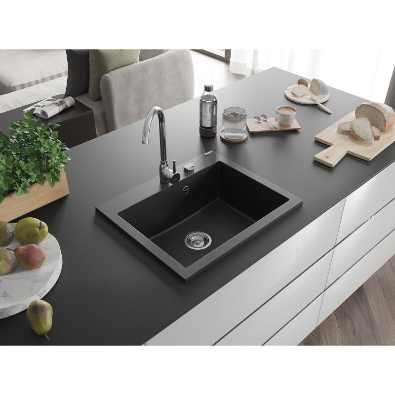 Mexen Elix granitový dřez s 1 komorou 600 x 500 mm, černý, sifon chrom - 6525601005-77