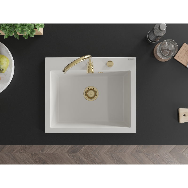 Mexen Elix granitový dřez 1-komorový 600 x 500 mm, bílý, zlatý sifon - 6525601005-20-G