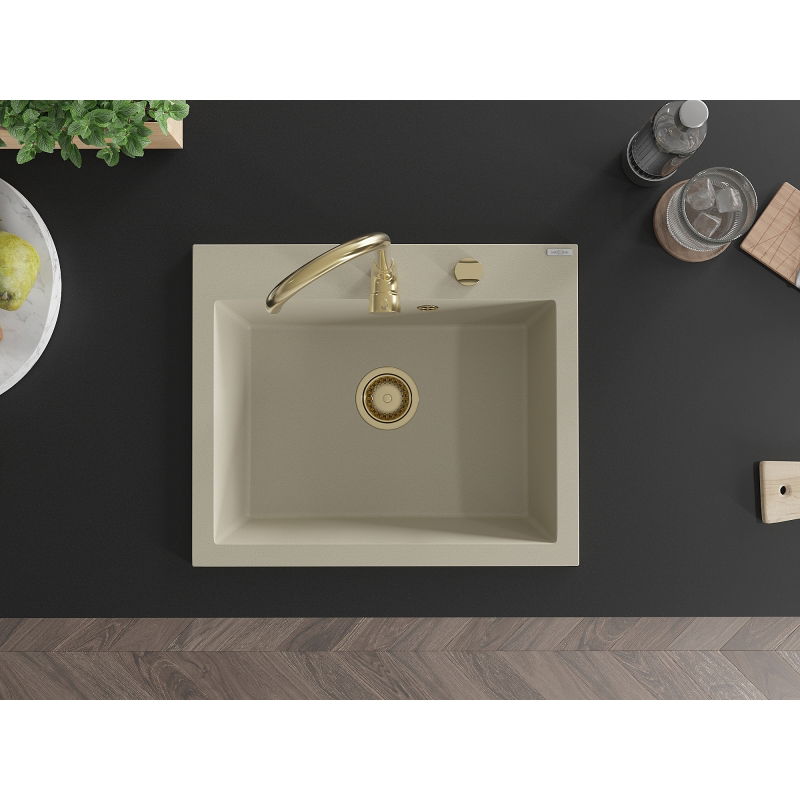 Mexen Elix granitový dřez 1-komorový 600 x 500 mm, béžový, sifon zlatý - 6525601005-69-G