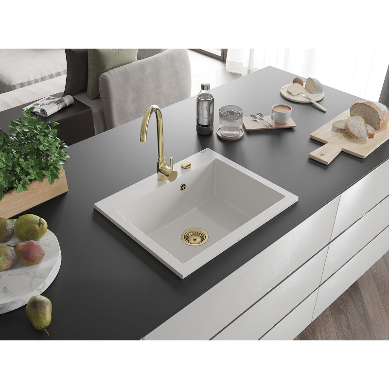 Mexen Elix granitový dřez 1-komorový 600 x 500 mm, bílý, zlatý sifon - 6525601005-20-G