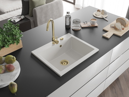 Mexen Elix granitový dřez 1-komorový 600 x 500 mm, bílý, zlatý sifon - 6525601005-20-G