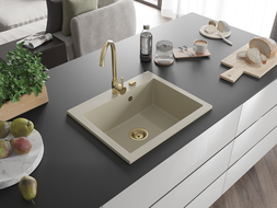 Mexen Elix granitový dřez 1-komorový 600 x 500 mm, béžový, sifon zlatý - 6525601005-69-G