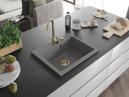 Mexen Elix granitový dřez 1-komorový 600 x 500 mm, šedý, zlatý sifon - 6525601005-71-G