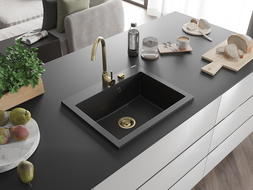 Mexen Elix granitový dřez 1-komorový 600 x 500 mm, černý/stříbrný metalik, sifon zlatý - 6525601005-73-G