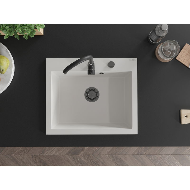 Mexen Elix granitový dřez, jednokomorový, 600 x 500 mm, bílý, černý sifon - 6525601005-20-B