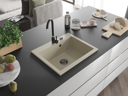 Mexen Elix granitový dřez 1-komorový 600 x 500 mm, béžový, černý sifon - 6525601005-69-B