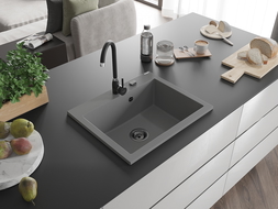 Mexen Elix granitový dřez 1-komorový 600 x 500 mm, šedý, sifon černý - 6525601005-71-B